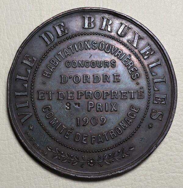 Belgica, Medalla cívica concurso de viviendas obreras, Bruselas 1909, Rey Alberto I. Bronce 50 mm. - Imagen 2