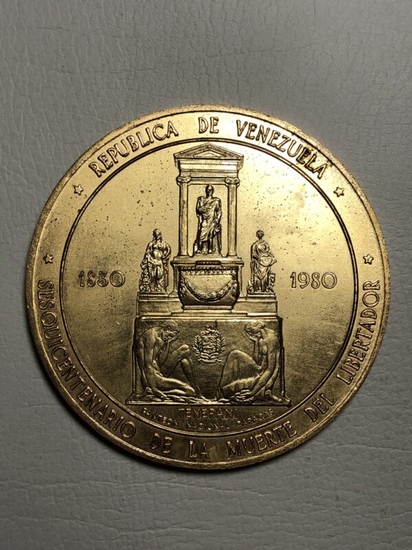 Venezuela, medalla conmemorativa sesquicentenario de la muerte de Simón Bolívar (1830-1980) bronce dorado 70 mm. - Imagen 2